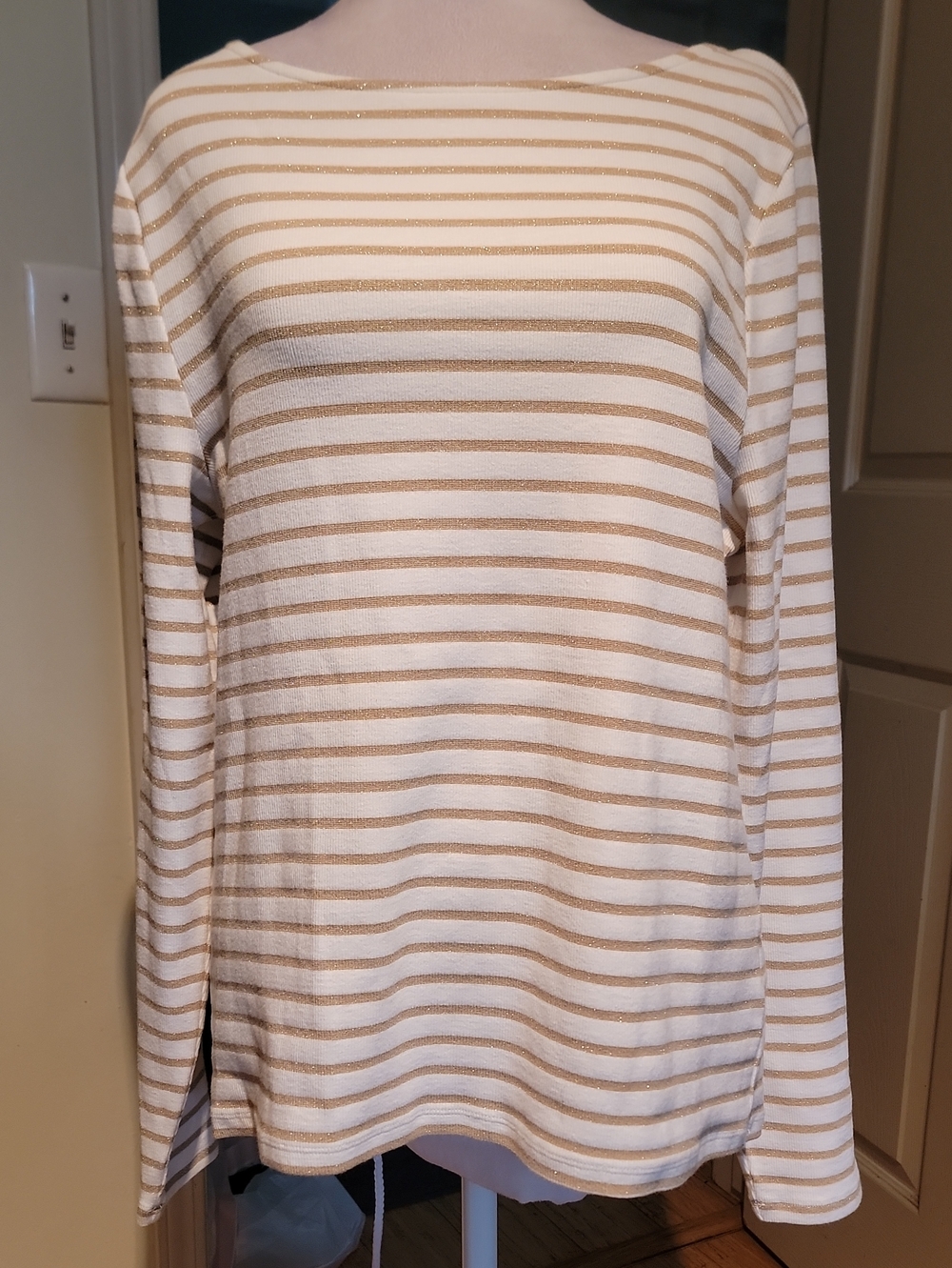 J Crew Striped Long-Sleeve Boatneck Top in White and Gold